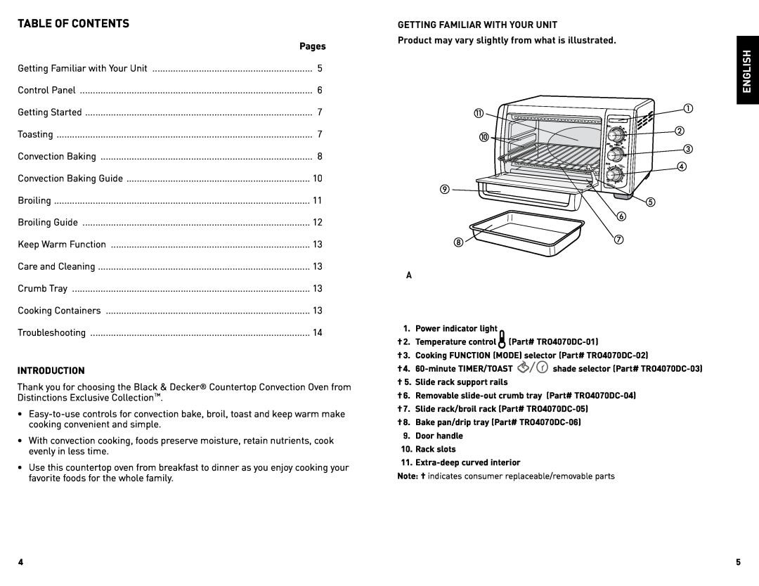 Black & Decker TRO4075BDC manual Table Of Contents, English 