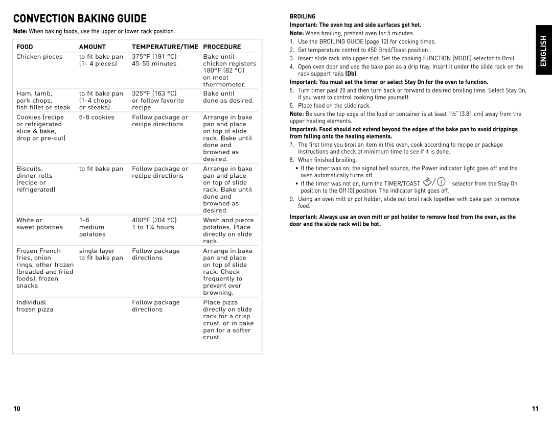 Black & Decker TRO4075BDC manual Convection Baking Guide, English 