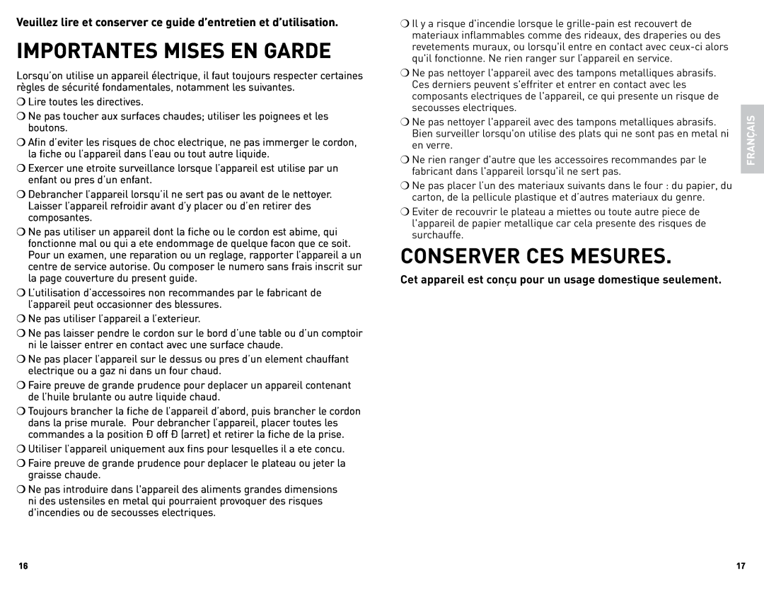 Black & Decker TRO4075BDC manual Importantes Mises En Garde, Conserver Ces Mesures 