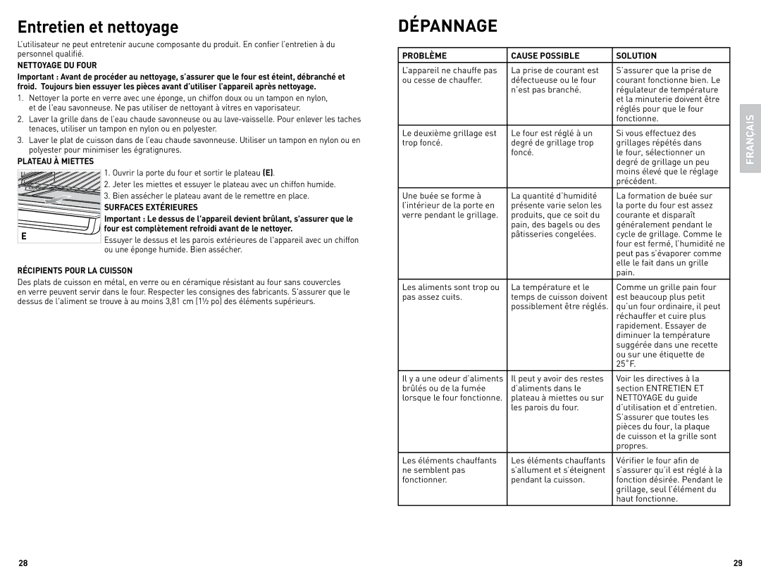 Black & Decker TRO4085C manual Dépannage, Problème Cause Possible Solution 