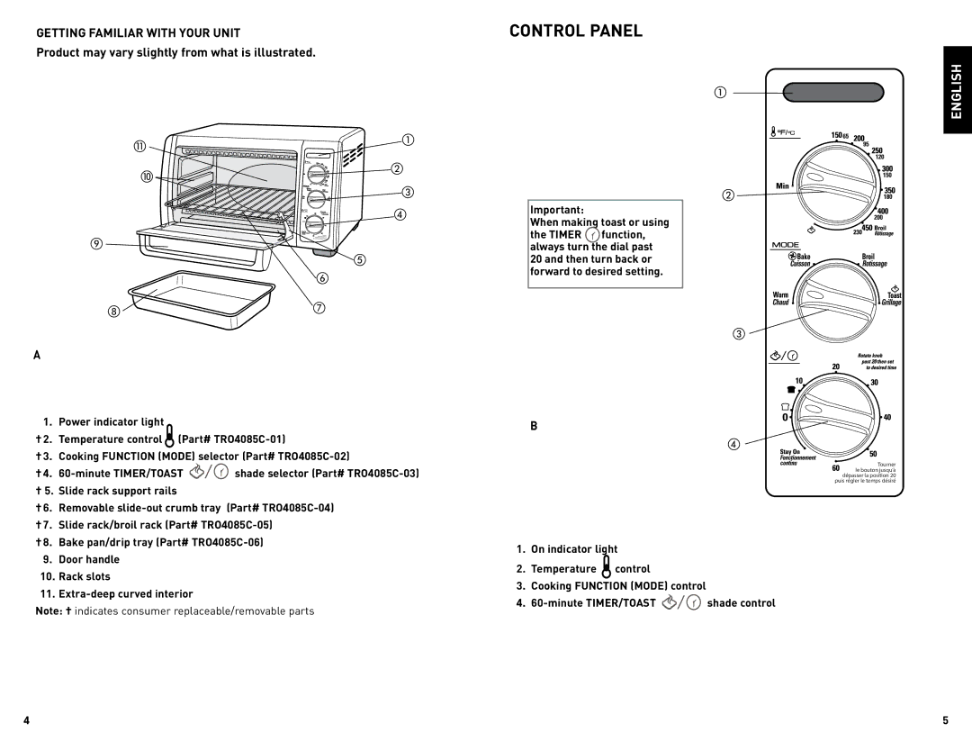 Black & Decker TRO4085C manual Control Panel, Getting Familiar with Your Unit 