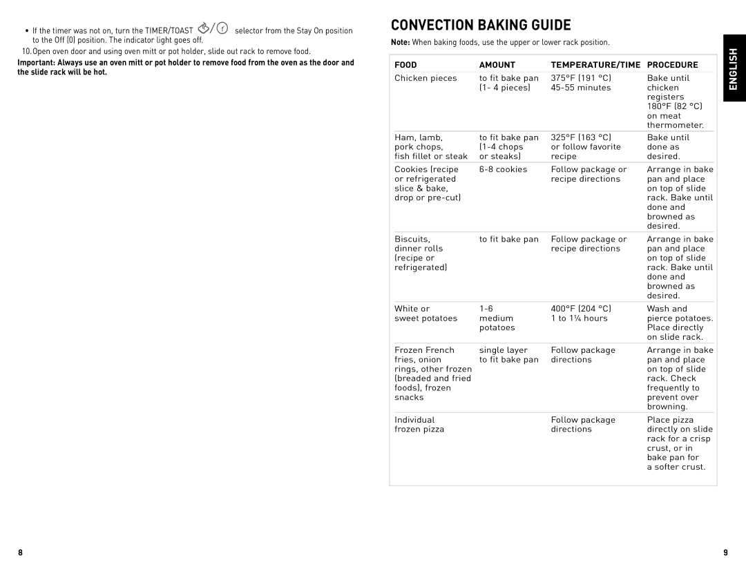 Black & Decker TRO4085C manual Convection Baking Guide, Food Amount TEMPERATURE/TIME Procedure 