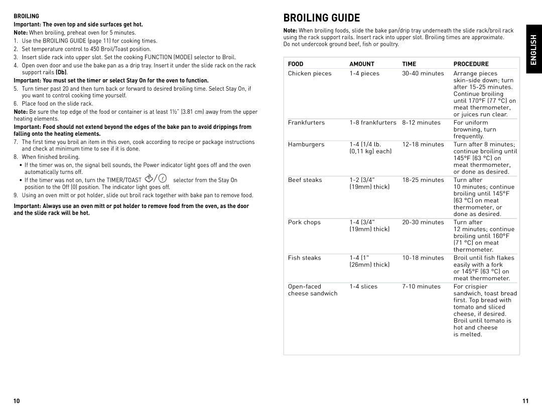 Black & Decker TRO4085C manual Broiling Guide, Food Amount Time Procedure 