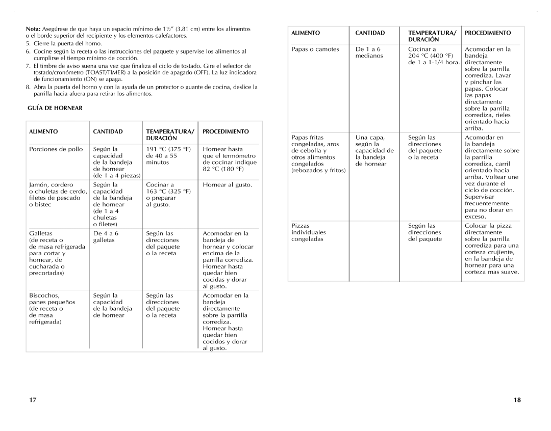 Black & Decker TRO420 manual Alimento Cantidad Temperatura Procedimiento Duración 