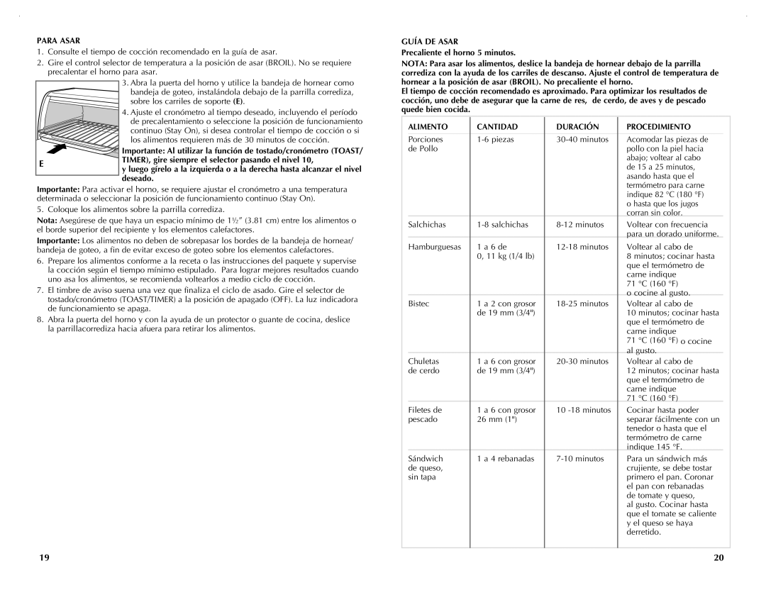 Black & Decker TRO420 manual Para Asar, Guía DE Asar, Alimento Cantidad Duración Procedimiento 