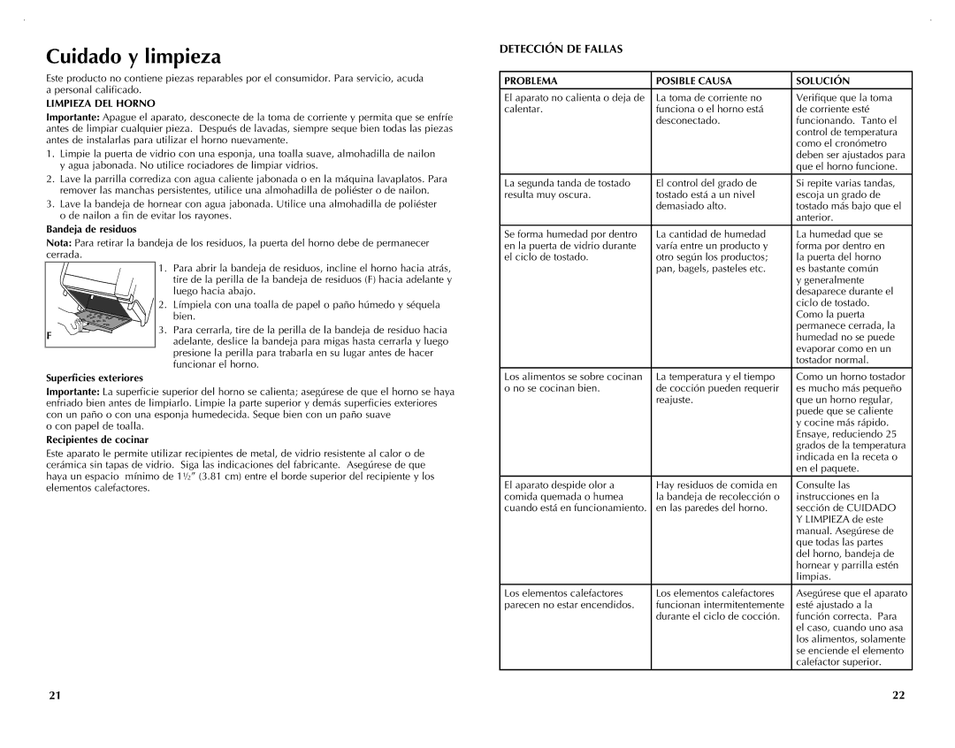 Black & Decker TRO420 manual Cuidado y limpieza, Detección DE Fallas, Limpieza DEL Horno, Problema Posible Causa Solución 