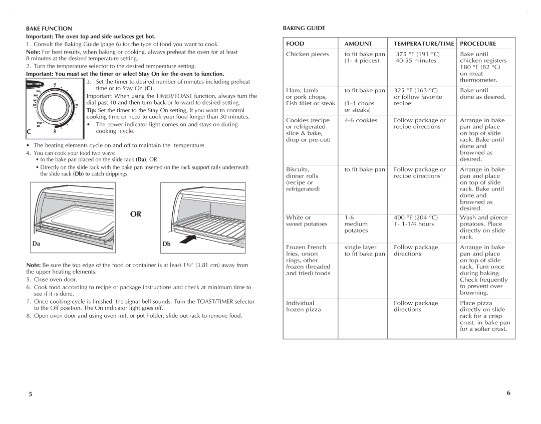 Black & Decker TRO420 manual Bake Function, Baking Guide Food Amount TEMPERATURE/TIME Procedure 