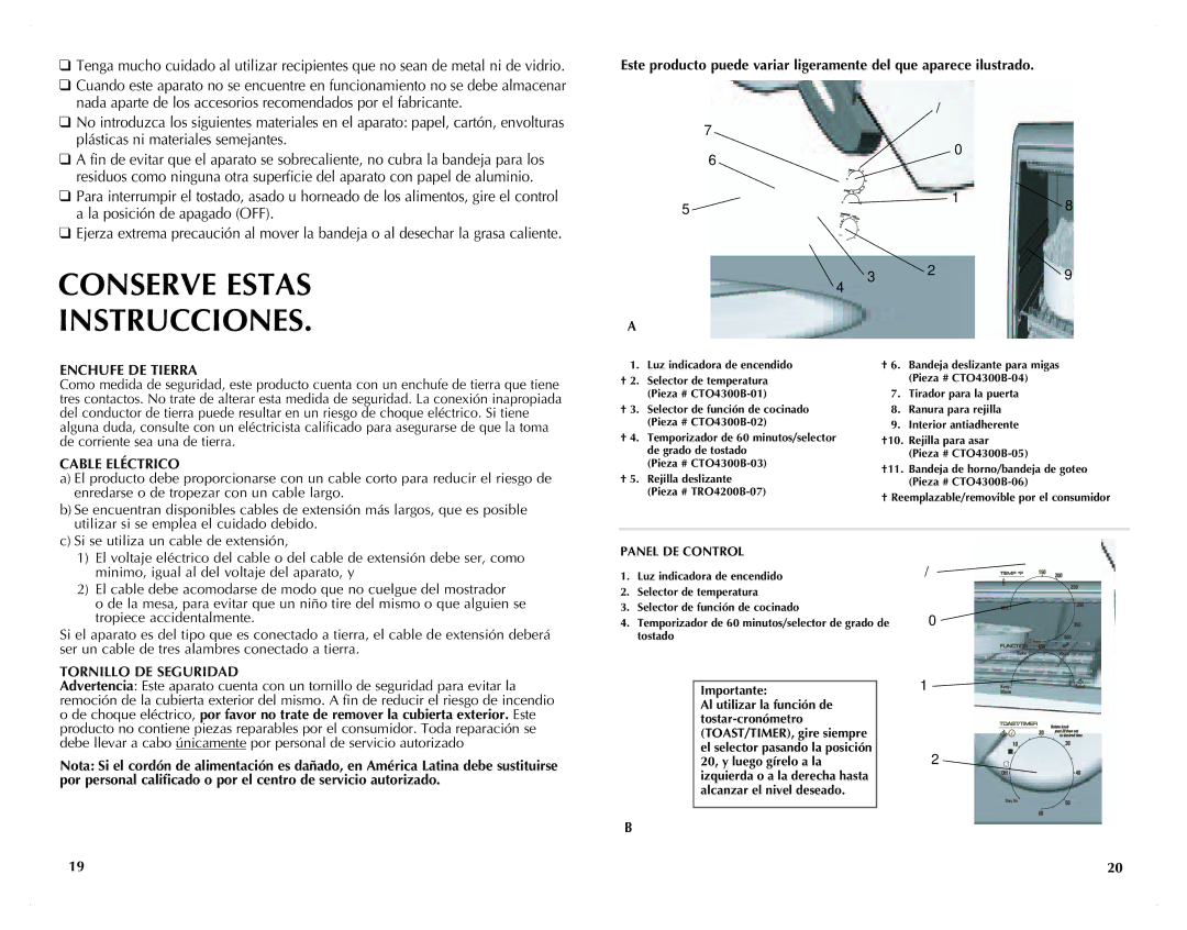 Black & Decker TRO4200B Conserve Estas Instrucciones, Enchufe DE Tierra, Cable Eléctrico, Panel de control, Importante 