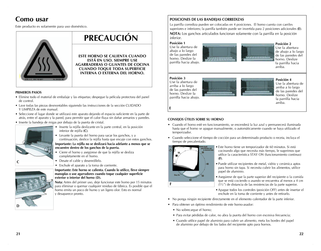 Black & Decker TRO4200B manual PRECAUCIÓN$ 65*0, Posiciones DE LAS Bandejas Corredizas, Primeros Pasos 