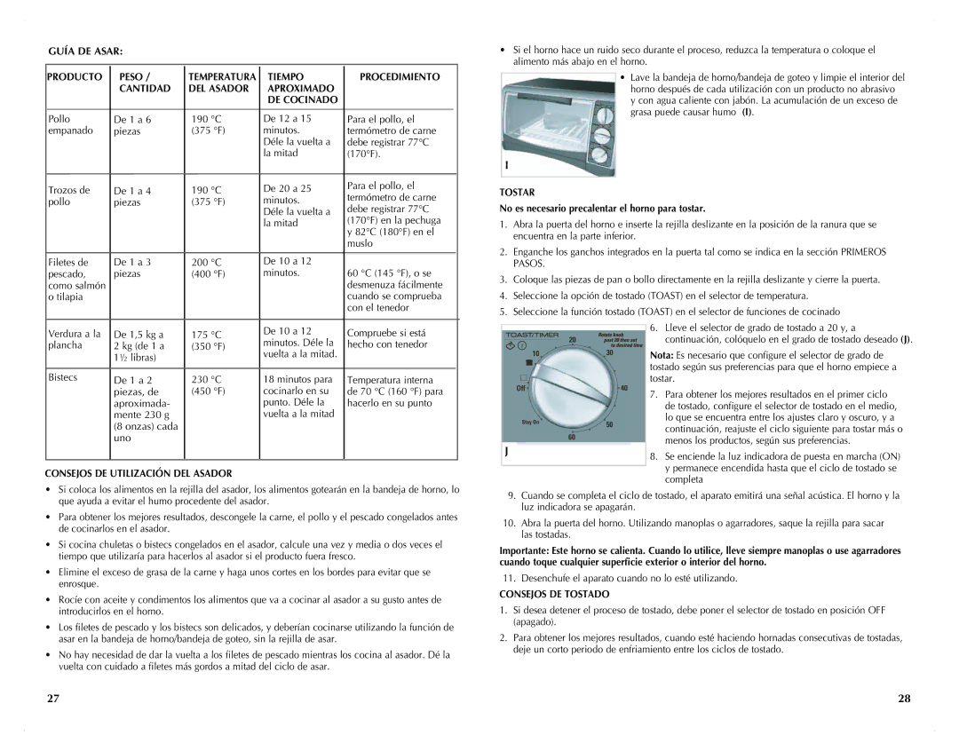 Black & Decker TRO4200B manual Guía DE Asar Producto Peso, Consejos DE Utilización DEL Asador, Tostar, Consejos DE Tostado 
