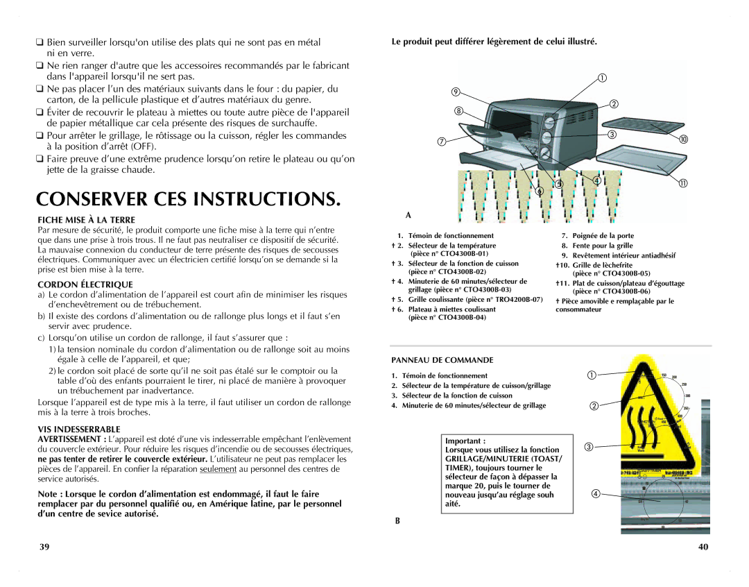 Black & Decker TRO4200B manual Conserver CES Instructions, Fiche Mise À LA Terre, Cordon Électrique, VIS Indesserrable 