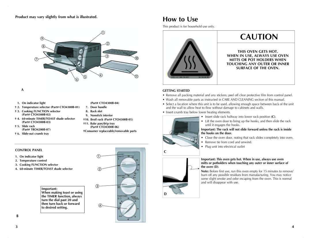 Black & Decker TRO4200B manual When in USE, Always USE Oven, Mitts or POT Holders When, ANY or Inner, Getting Started 