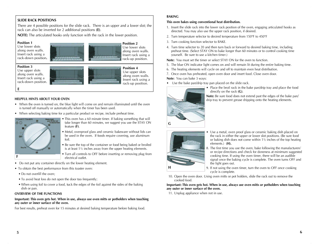 Black & Decker TRO4200B manual Slide Rack Positions, Baking, Helpful Hints about Your Oven, Overview of the Functions 