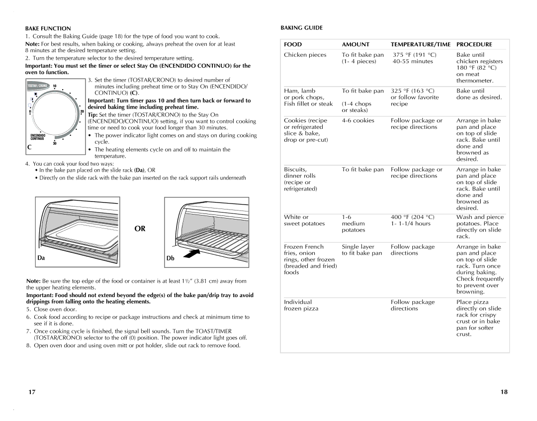 Black & Decker TRO421 manual Bake Function, Baking Guide Food Amount TEMPERATURE/TIME Procedure 