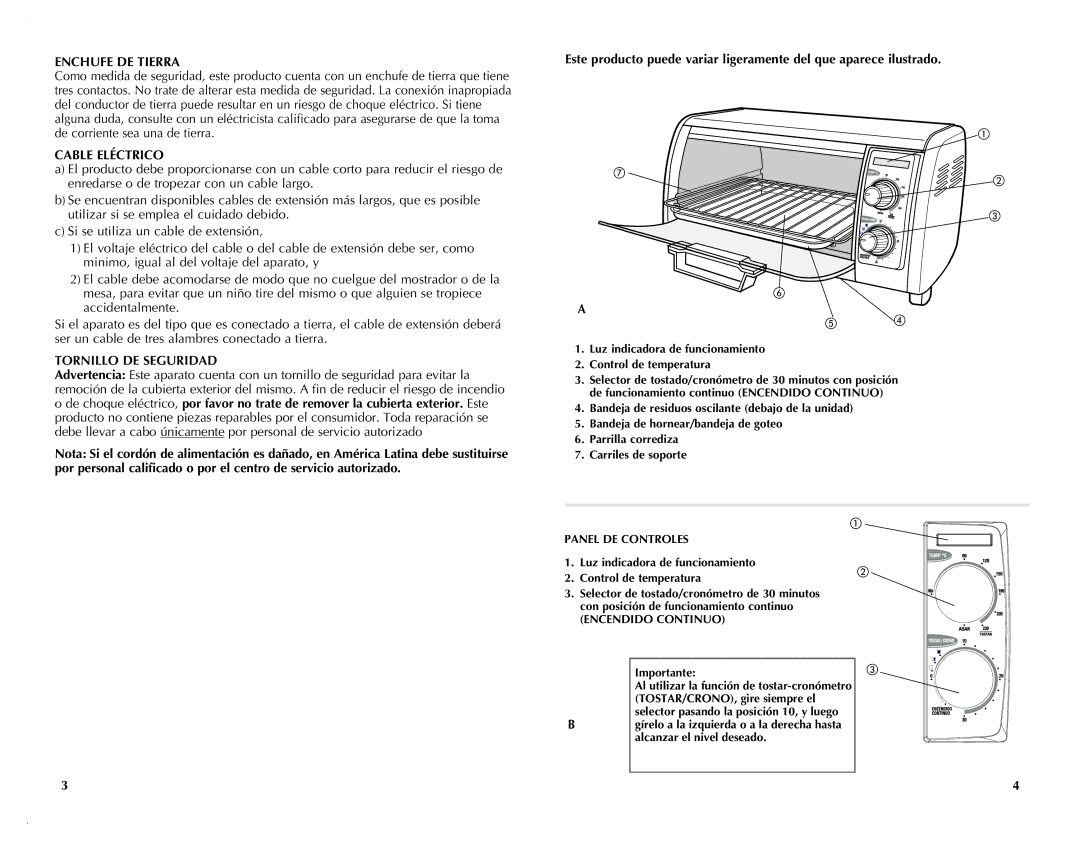 Black & Decker TRO421 manual Enchufe DE Tierra, Cable Eléctrico, Encendido Continuo 