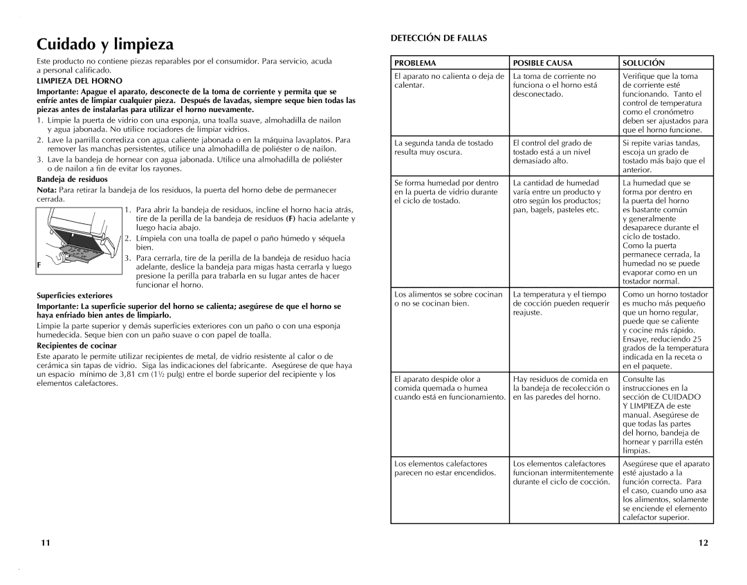 Black & Decker TRO421 manual Detección DE Fallas, Limpieza DEL Horno, Bandeja de residuos, Problema Posible Causa Solución 