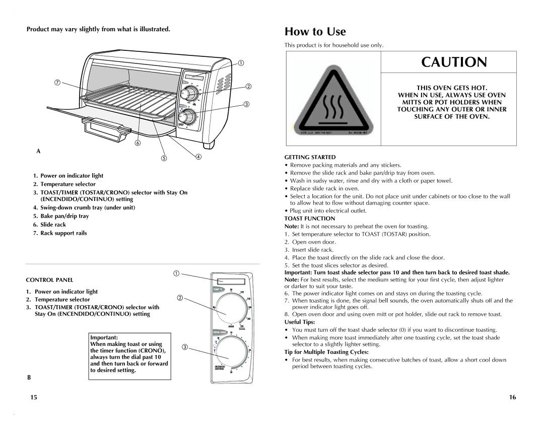 Black & Decker TRO421 When in USE, Always USE Oven in USE, Always USE Oven, ANY or Inner, Control Panel, Getting Started 