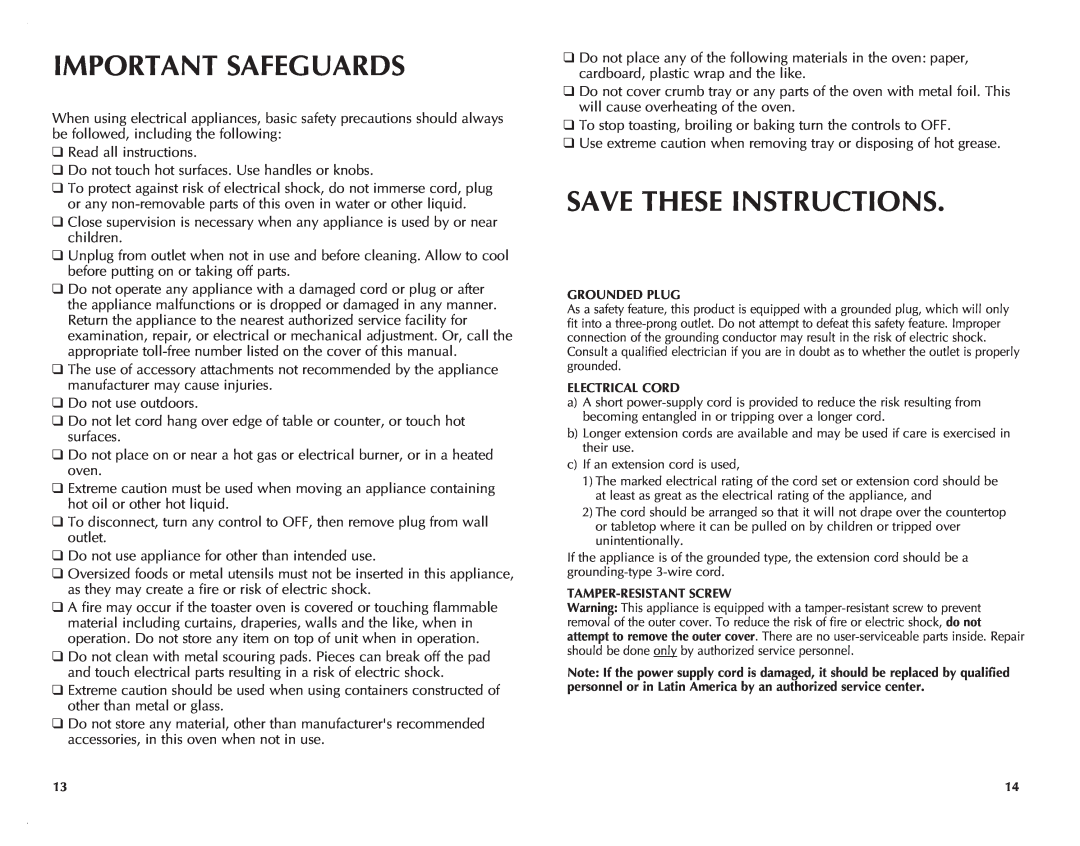 Black & Decker TRO421 manual Important Safeguards, Save These Instructions 