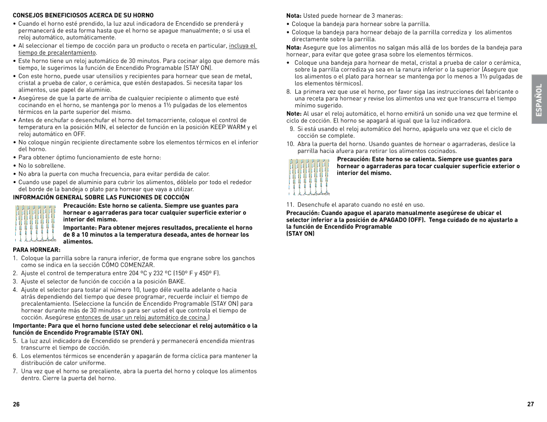 Black & Decker TRO480BS manual Consejos Beneficiosos Acerca DE SU Horno, Información General Sobre LAS Funciones DE Cocción 