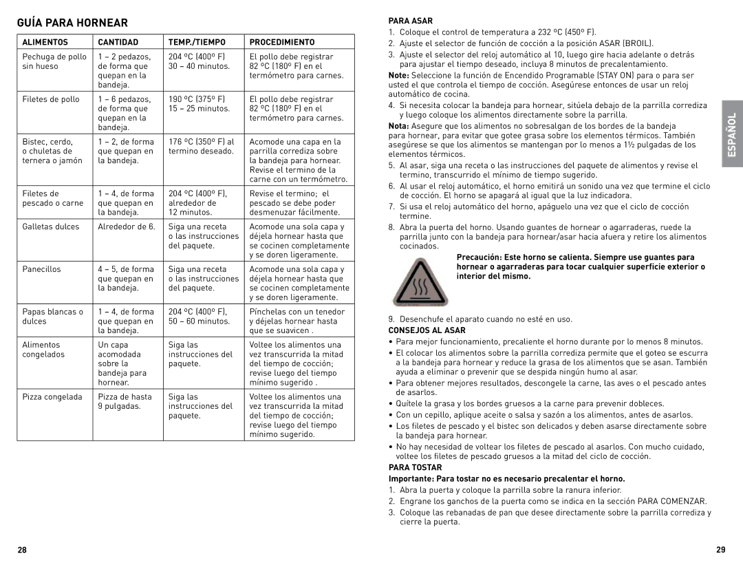 Black & Decker TRO480SS, TRO480BS Alimentos Cantidad TEMP./TIEMPO Procedimiento, Para Asar, Consejos AL Asar, Para Tostar 