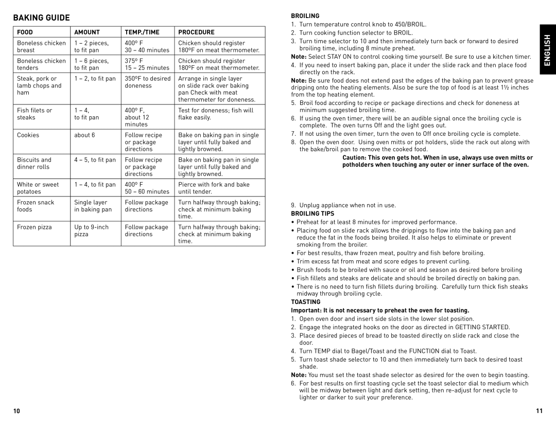 Black & Decker TRO480BS, TRO480SS manual Food Amount TEMP./TIME Procedure, Broiling Tips, Toasting 