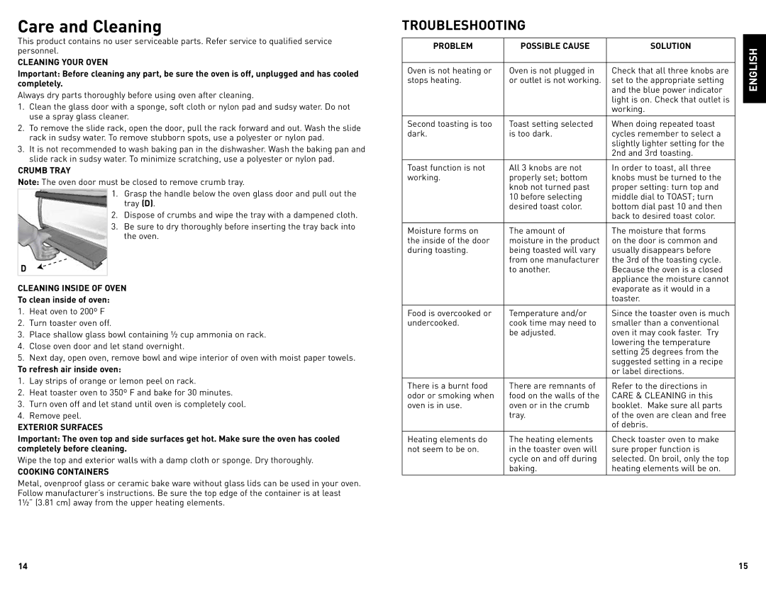 Black & Decker TRO480BS Cleaning Your Oven, Crumb Tray, Cleaning Inside of Oven, Exterior Surfaces, Cooking Containers 