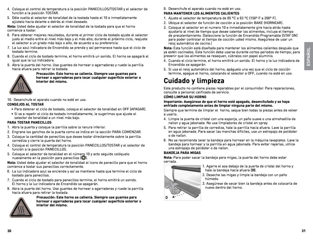 Black & Decker TRO480BS, TRO480SS manual Cuidado y limpieza, Español 