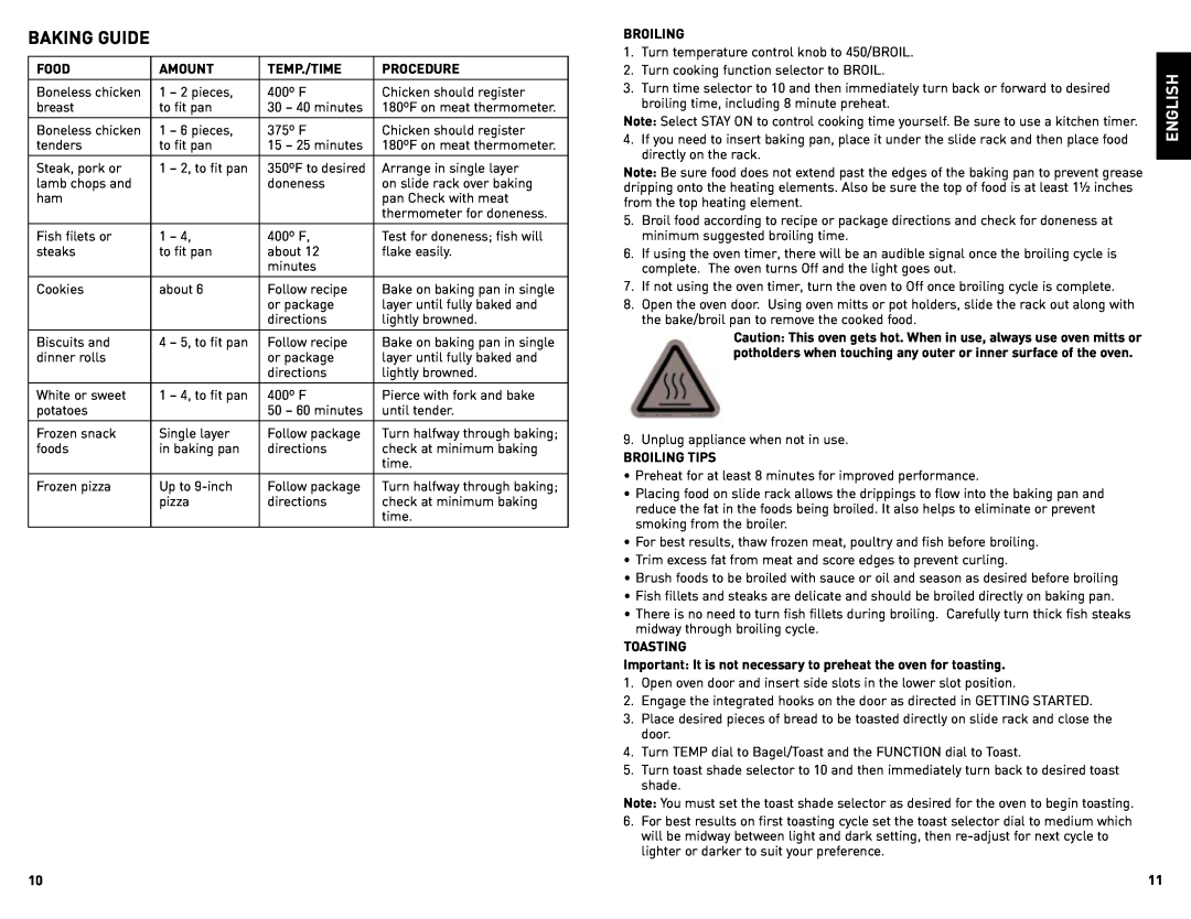 Black & Decker TRO480BS, TRO480SS manual Baking Guide, English 