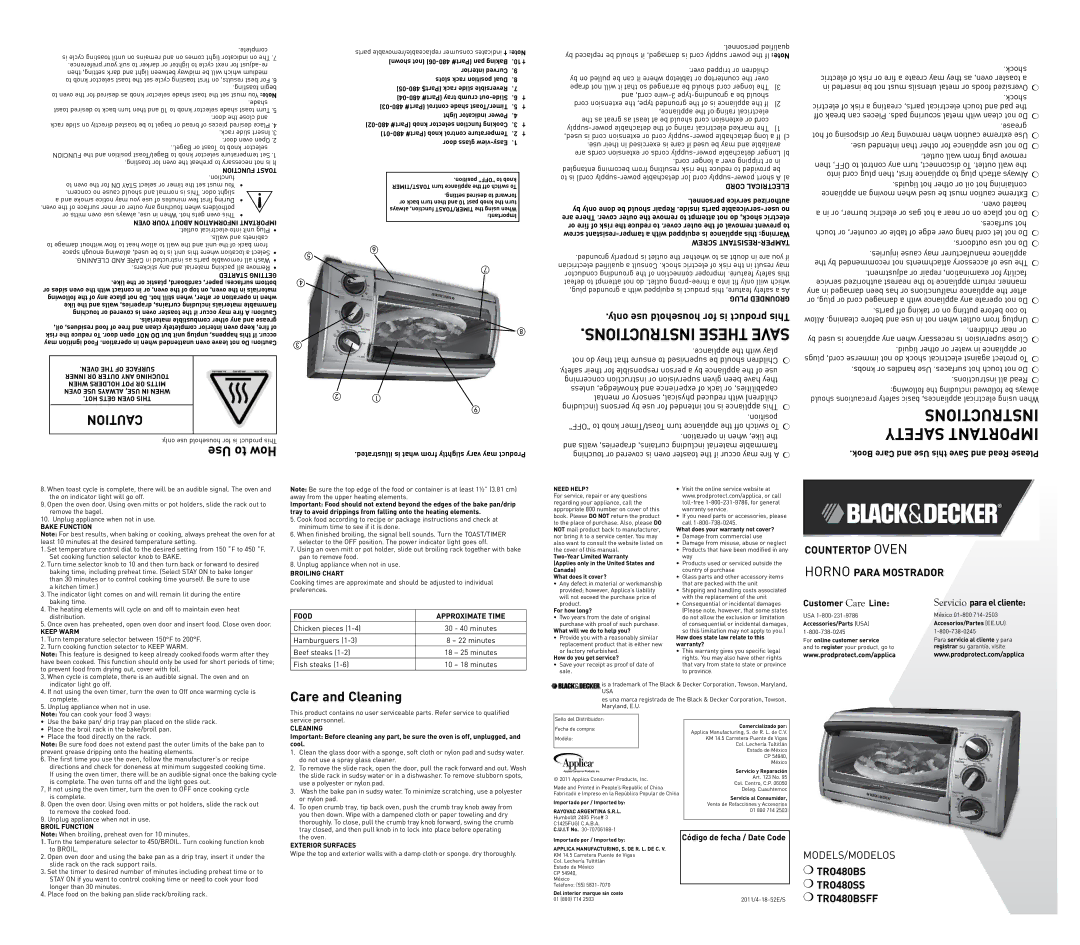 Black & Decker TRO480BS user service Bake Function, Keep Warm, Broiling Chart, Broil Function, Cleaning, Exterior Surfaces 