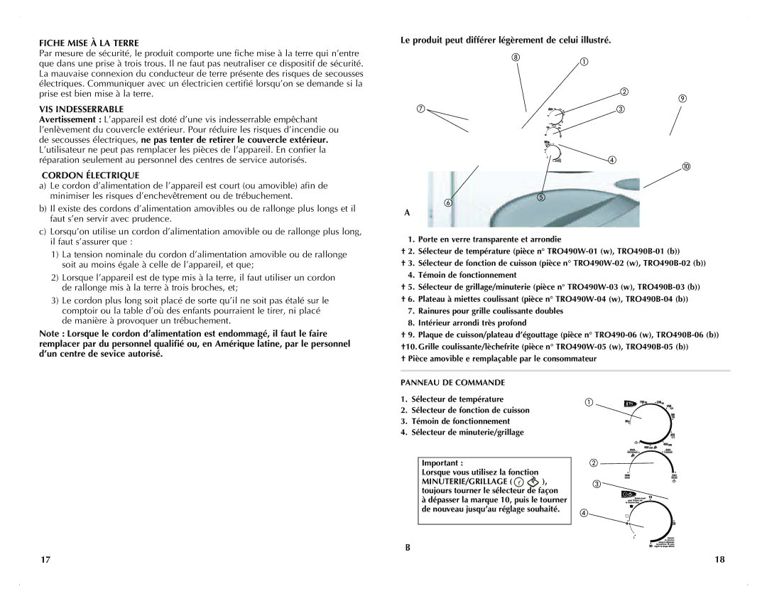 Black & Decker TRO490BC, TRO490WC manual Fiche Mise À LA Terre, VIS Indesserrable, Cordon Électrique, Panneau DE Commande 