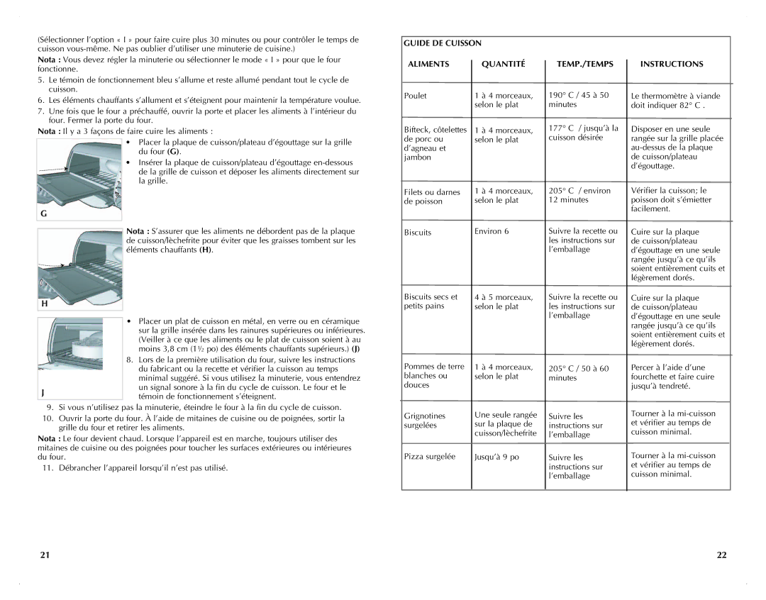 Black & Decker TRO490BC, TRO490WC manual Guide DE Cuisson, Aliments, Quantité, Temp./Temps, Instructions 