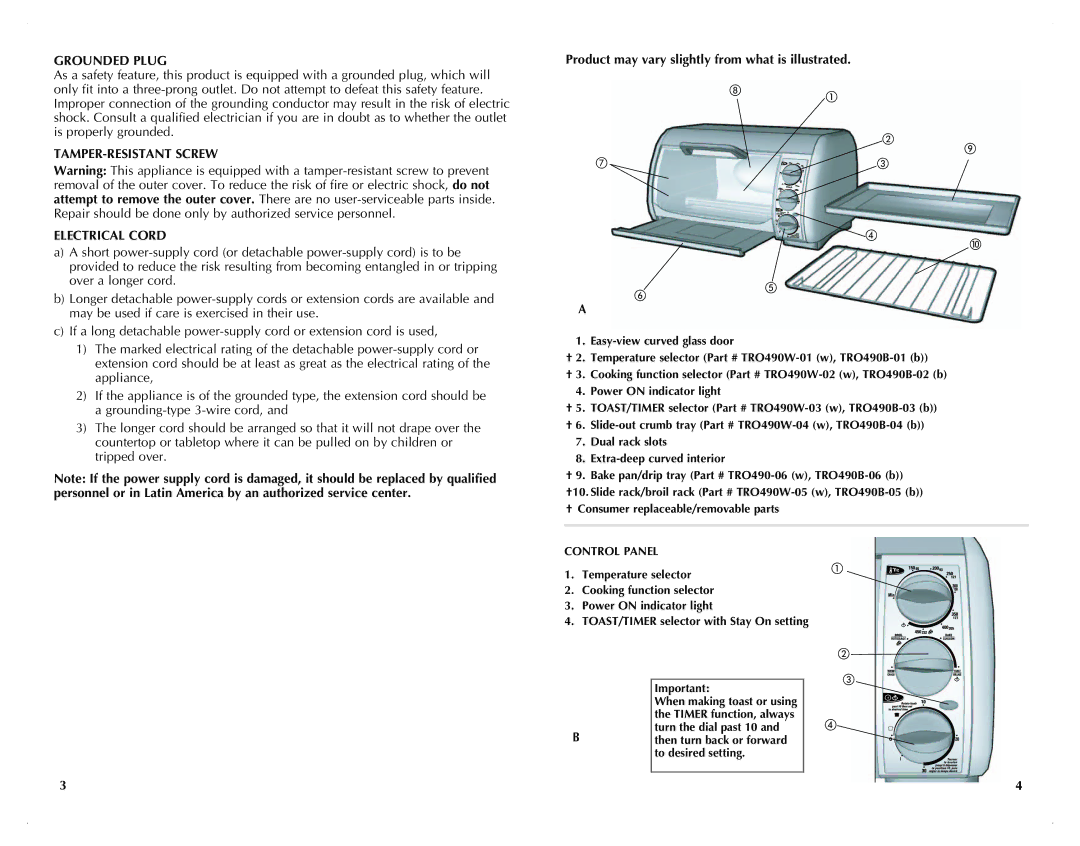 Black & Decker TRO490WC, TRO490BC manual Grounded Plug, TAMPER-RESISTANT Screw, Electrical Cord, Control Panel 