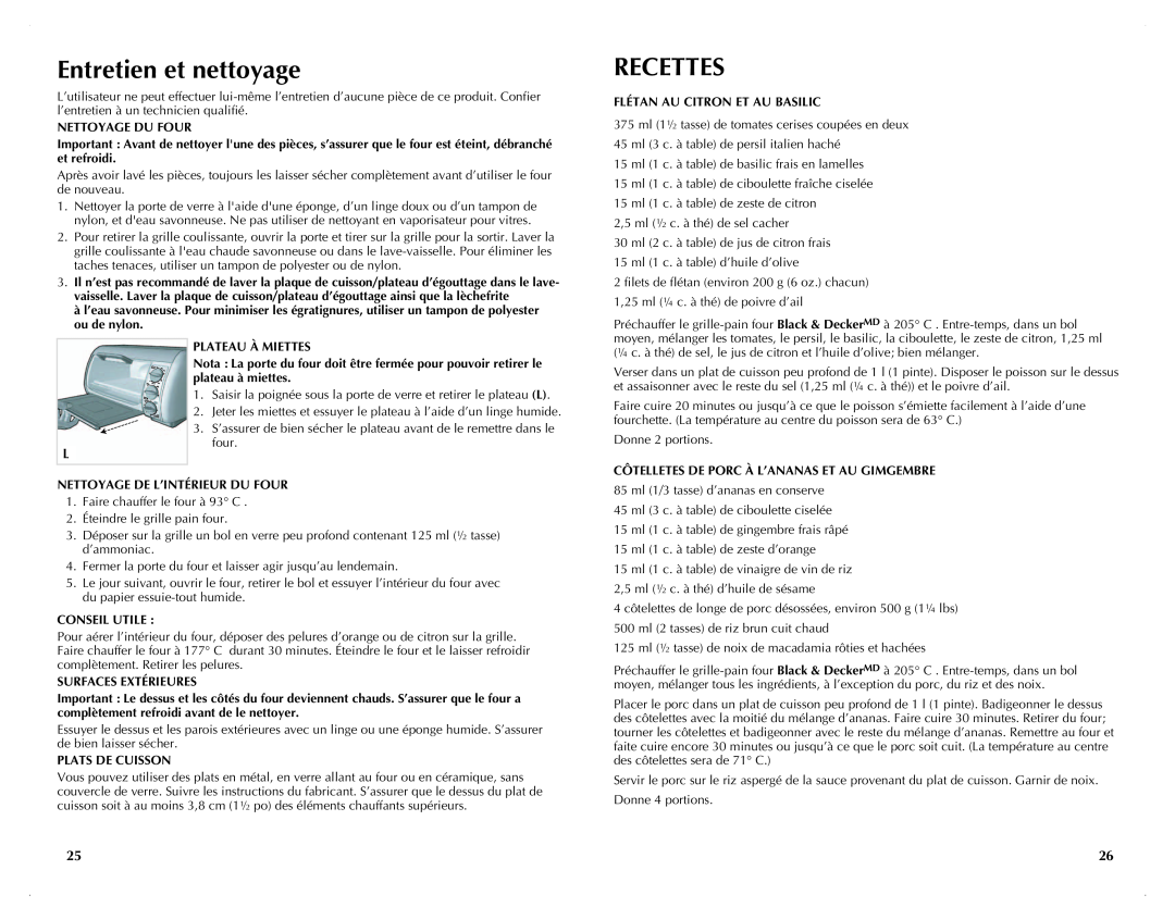 Black & Decker TRO490BC Entretien et nettoyage, Recettes, Nettoyage Du Four, Flétan Au Citron Et Au Basilic, Conseil utile 