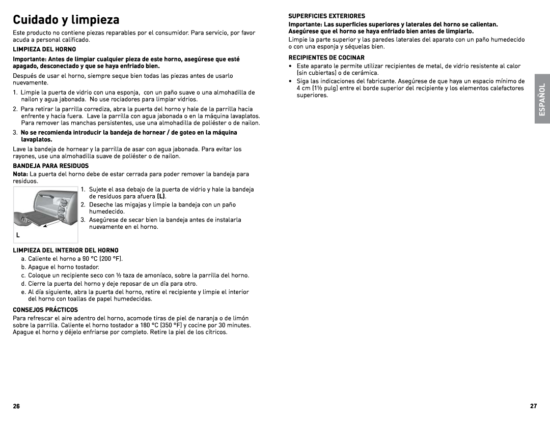 Black & Decker TRO490W manual Cuidado y limpieza, Español 