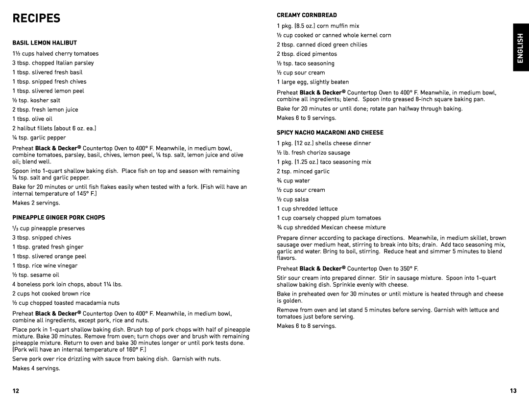 Black & Decker TRO490W manual Recipes, English 