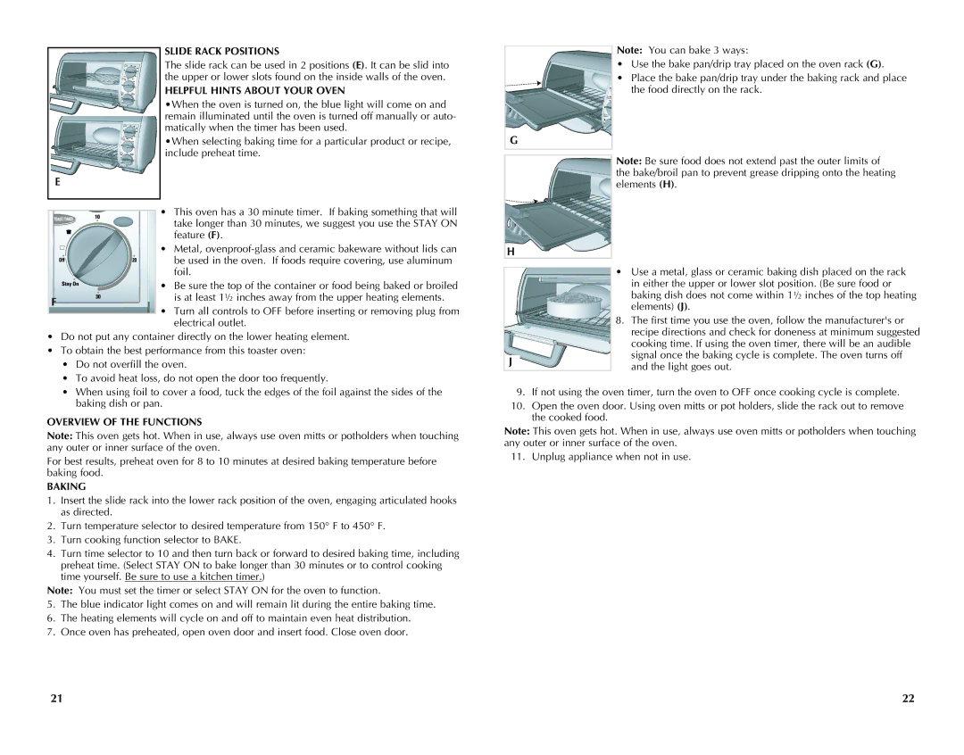 Black & Decker TRO491B, TRO491W Slide Rack Positions, Helpful Hints about Your Oven, Overview of the Functions, Baking 