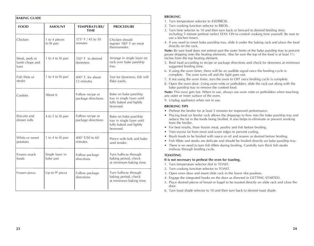 Black & Decker TRO491W, TRO491B manual Baking Guide Food, Amount, Temperature Time, Procedure, Broiling Tips, Toasting 