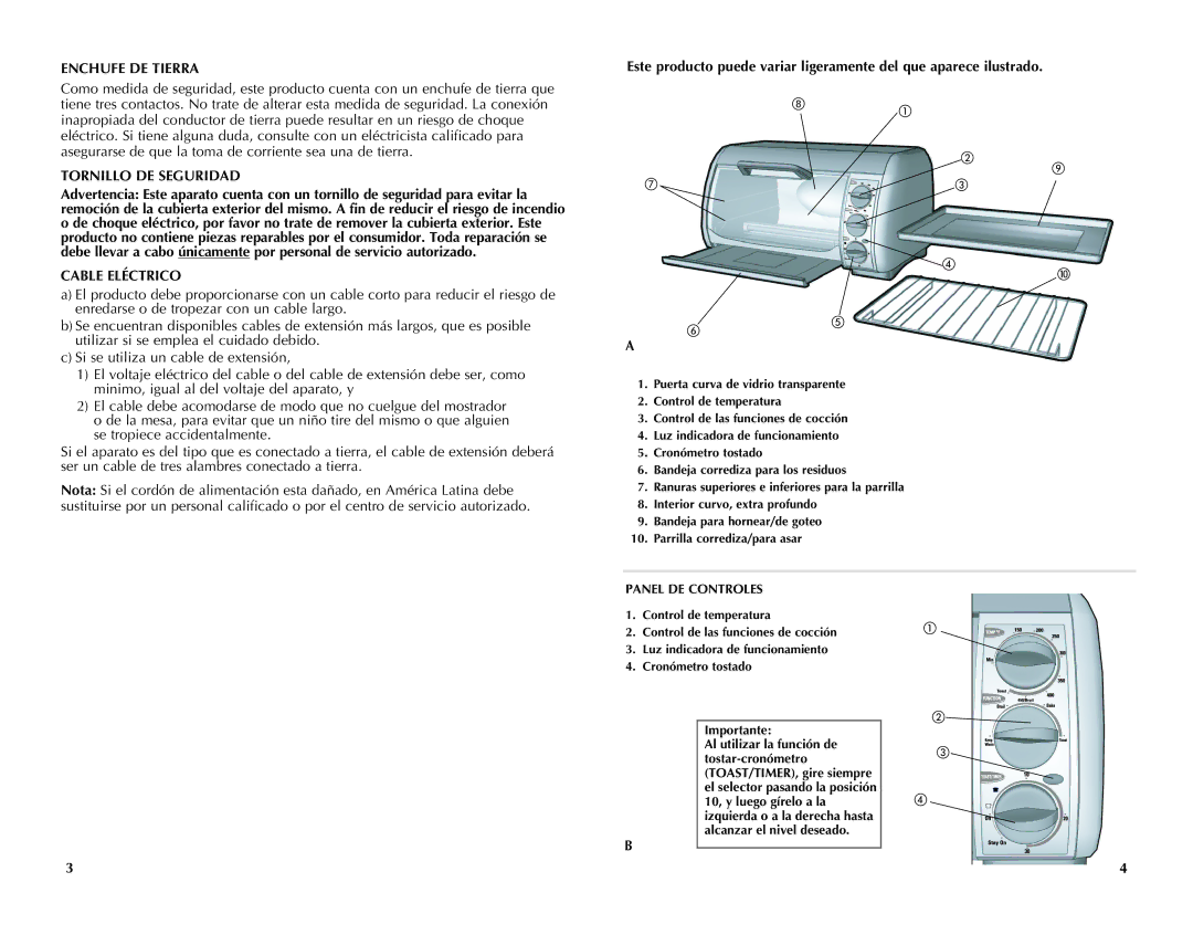 Black & Decker TRO491W, TRO491B Enchufe DE Tierra, Tornillo DE Seguridad, Cable Eléctrico, Panel de controles, Importante 