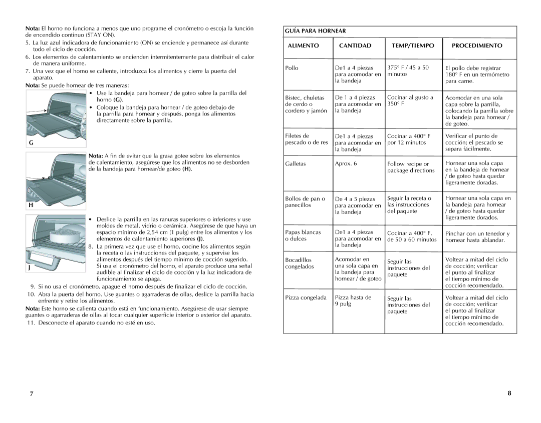 Black & Decker TRO491W, TRO491B manual Guía Para Hornear Alimento Cantidad TEMP/TIEMPO, Procedimiento 