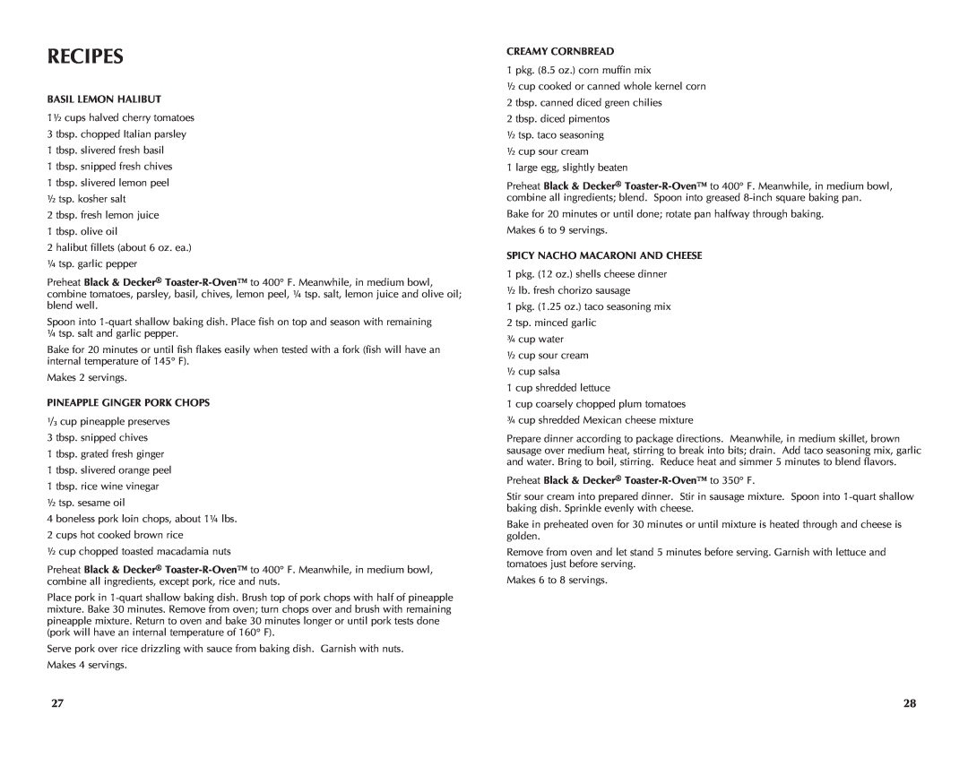 Black & Decker TRO491W, TRO491B manual Recipes, Basil Lemon Halibut, Pineapple Ginger Pork Chops, Creamy Cornbread 