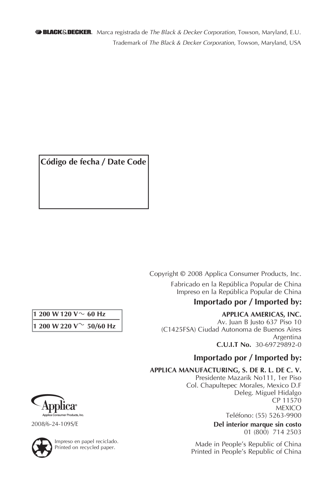 Black & Decker TRO491W, TRO491B manual Código de fecha / Date Code, Importado por / Imported by, Applica Americas, Inc 