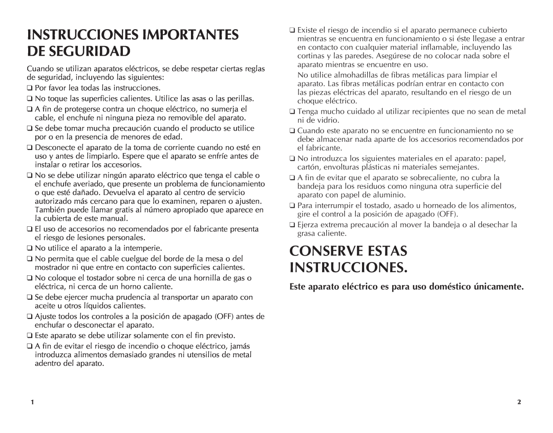 Black & Decker TRO491B, TRO491W manual Conserve Estas Instrucciones, Instrucciones Importantes De Seguridad 