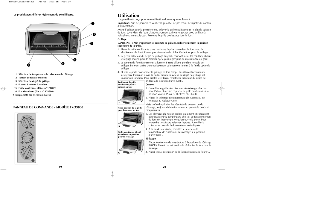 Black & Decker TRO5050 Utilisation, Le produit peut différer légèrement de celui illustré, Grillage, Cuisson, Rôtissage 