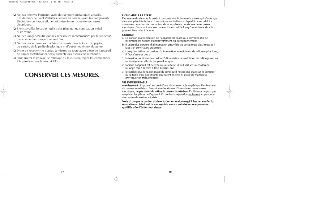 Black & Decker TRO5050 manual Conserver Ces Mesures, Fiche Mise À La Terre, Cordon, Vis Indesserrable 