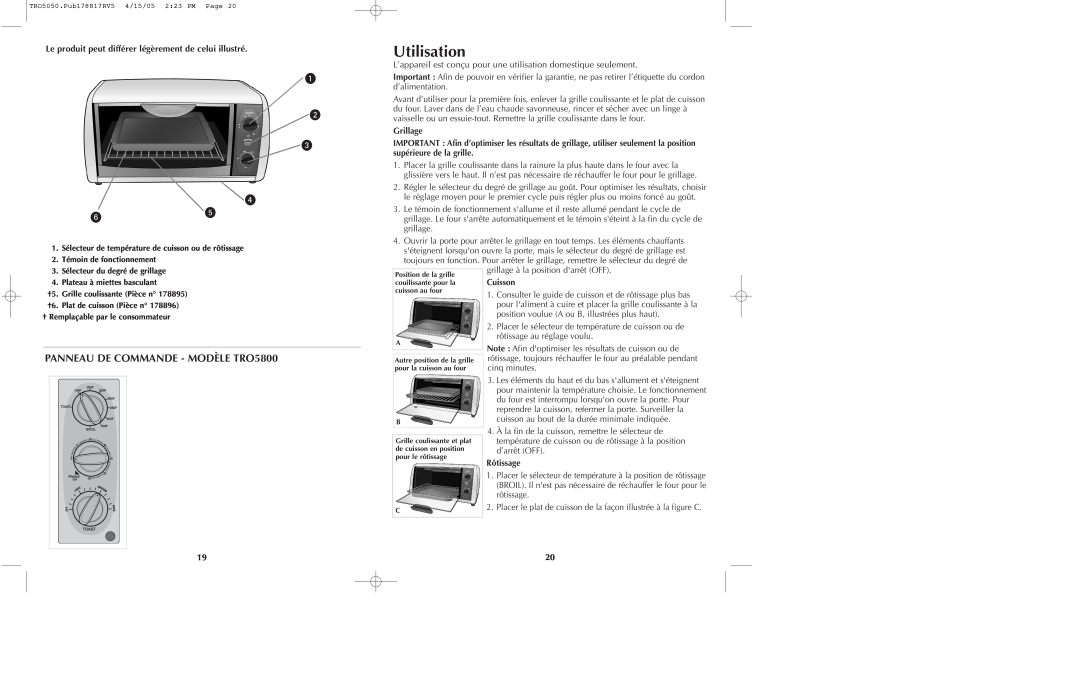 Black & Decker TRO5050 manual Utilisation, PANNEAU DE COMMANDE - MODÈLE TRO5800, Grillage, Cuisson, Rôtissage 