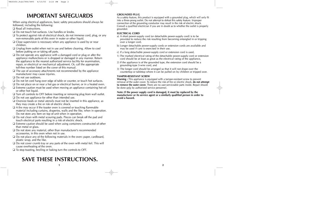 Black & Decker TRO5050 manual Save These Instructions, Important Safeguards 