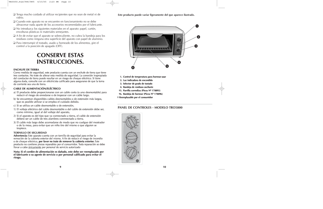 Black & Decker TRO5050 manual Conserve Estas Instrucciones, PANEL DE CONTROLES - MODELO TRO5800 