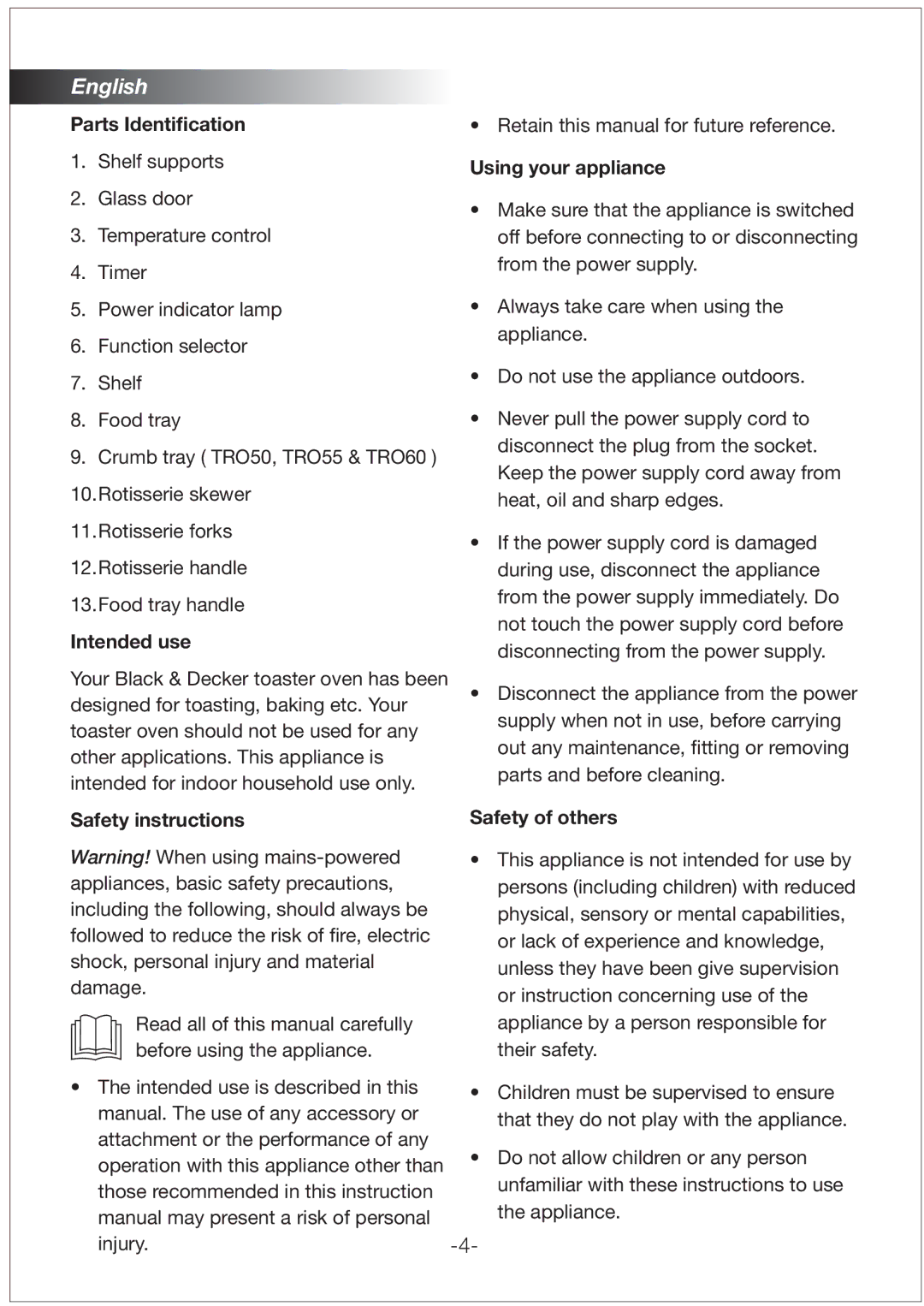 Black & Decker TRO60, TRO55 Parts Identiﬁcation, Intended use, Safety instructions, Using your appliance, Safety of others 