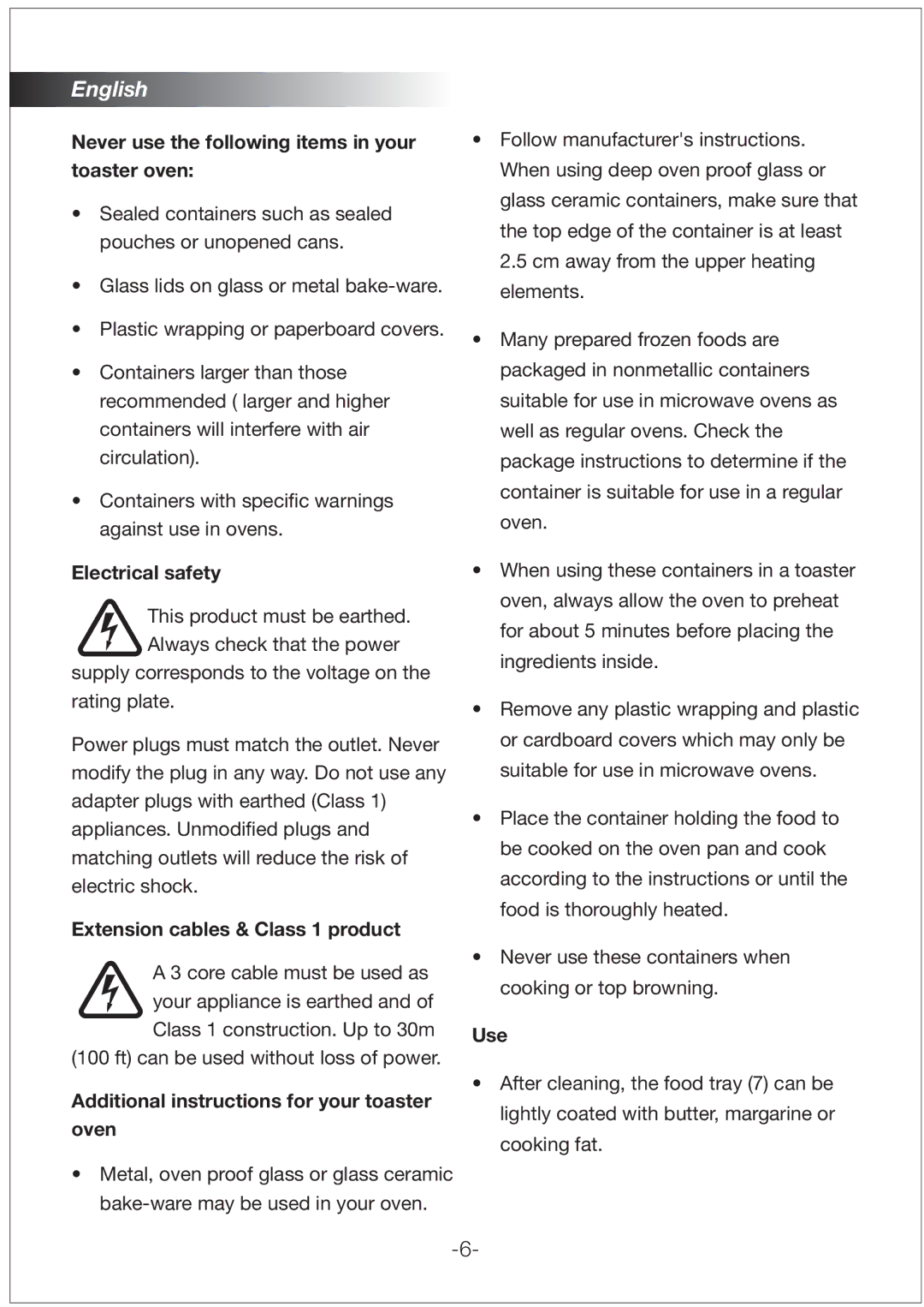 Black & Decker TRO2000R, TRO55, TRO50, TRO60 manual Never use the following items in your Toaster oven, Electrical safety, Use 