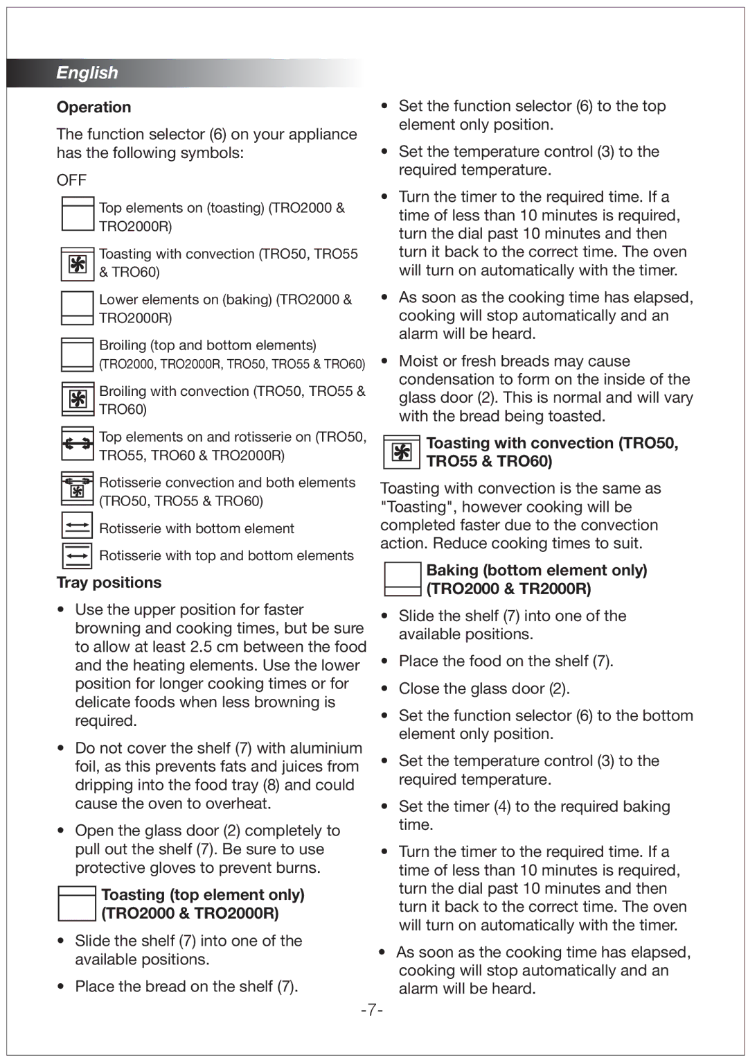 Black & Decker TRO50, TRO55, TRO60 manual Operation, Tray positions, Toasting top element only TRO2000 & TRO2000R 